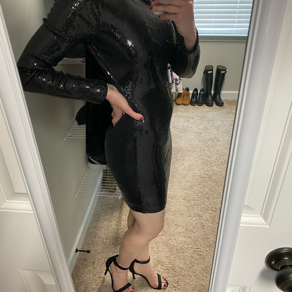 Black Sequin Long Sleeve Cocktail Dress